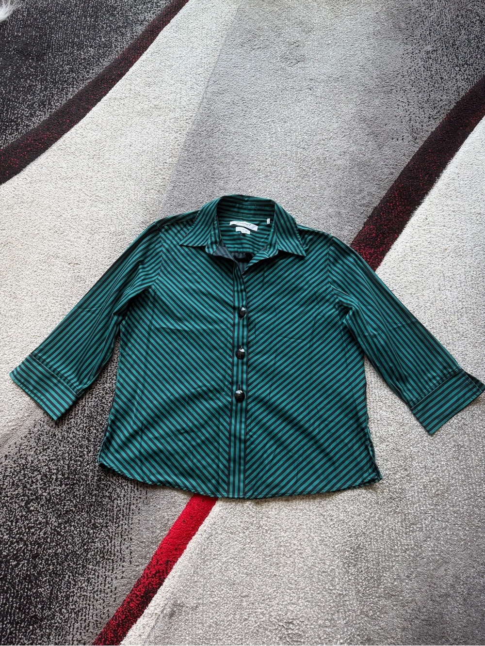 Foxcroft Wrinkle Free Green Black Striped Shirt